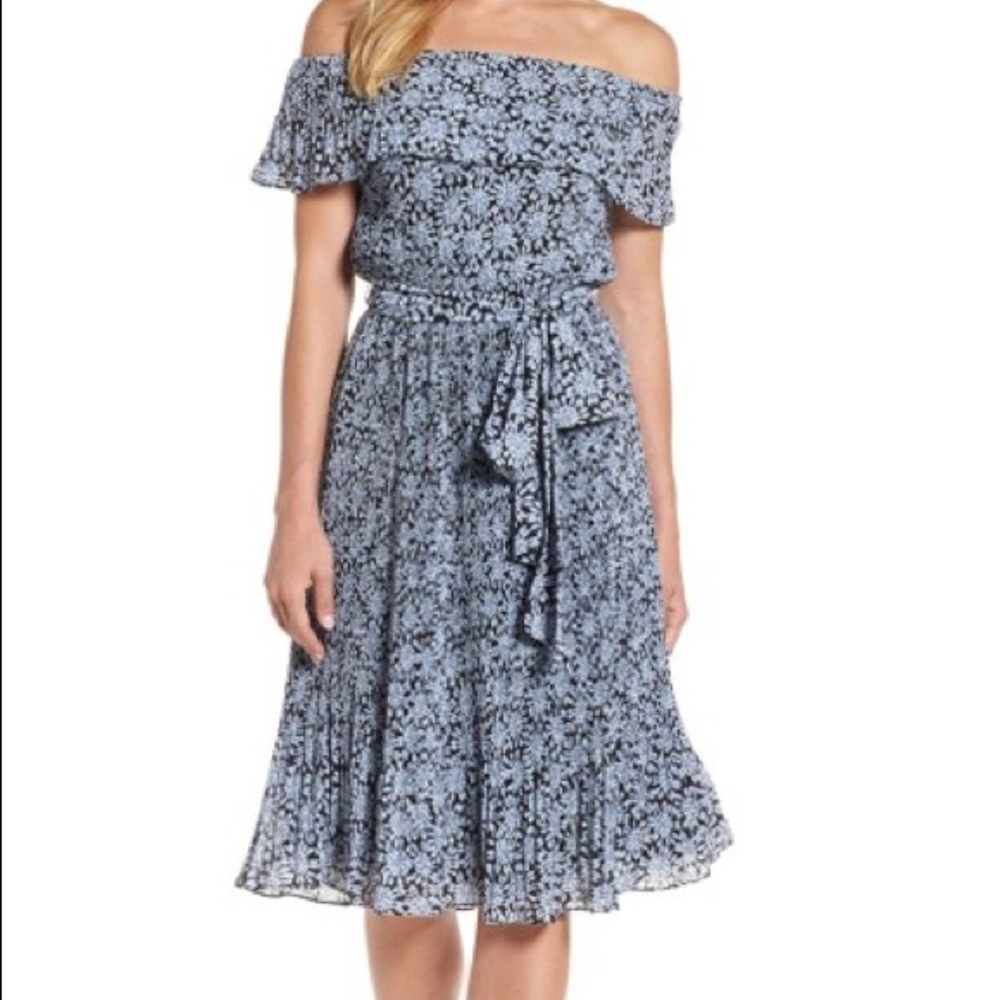 Michael Kors Midi Pleated Off-The-Shoulder Dress in Yellow